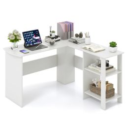 Large Modern L-shaped Computer Desk with 2 Cable Holes and 2 Storage Shelves