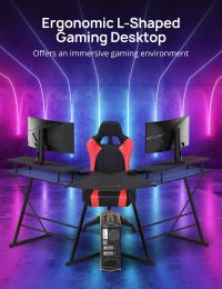 Gaming Desk, L Shaped Computer Corner Desk, 53" Ergonomic Gaming Table with Monitor Stands, PC Desk with LED Strips and Power Outlets, Carbon Fiber Su