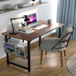 Study Computer Desk-40 Inch Home Office Desk, Wood Storage Table, Modern Writing Style Laptop Table, Black Metal Frame, PC Table with Storage Basket a