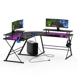 Gaming Desk; L Shaped Computer Corner Desk; 53" Ergonomic Gaming Table with Monitor Stands; PC Desk with LED Strips and Power Outlets; Carbon Fiber Su