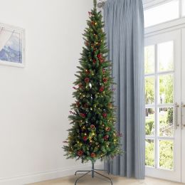 Artificial Slim Christmas Tree Pre-lit Pencil Feel Real Skinny Fir Tree with Cones and Berries 7.5ft foldable metal stand