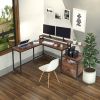 FCH Retro Wood Grain Triamine Surface Particleboard Black Iron Pipe L-shaped Shelf with File Drawer Cabinet 2*USB Port 2*Three Sockets Wireless Chargi