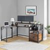 FCH Retro Wood Grain Triamine Surface Particleboard Black Iron Pipe L-shaped Shelf with File Drawer Cabinet 2*USB Port 2*Three Sockets Wireless Chargi