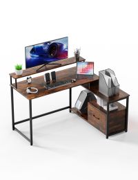 Home Office Computer Desk with File Drawer, LED Strip, Power Outlet, L-Shaped Gaming Desk with Monitor Shelf and Printer Storage Shelf (Color: as Pic)
