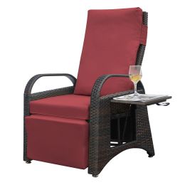 Outdoor Adjustable Wicker Recliner with Flip Table (Color: Red)